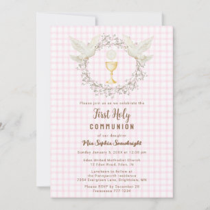 009 Fuchsia Dove & Chalice Gingham 1st Communion Invitation