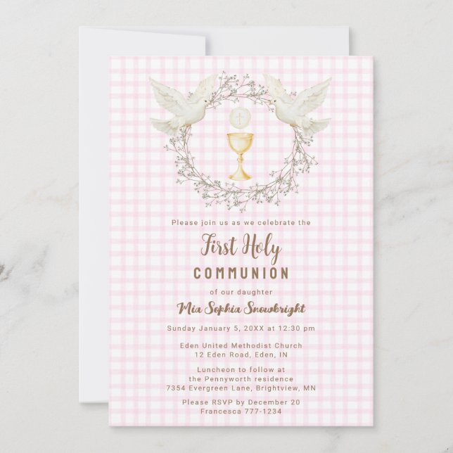 009 Fuchsia Dove & Chalice Gingham 1st Communion Invitation (Front)