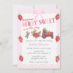 009 Fuchsia Gingham Berry Sweet Farm Baby Shower Invitation