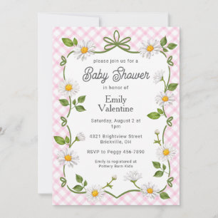 009 Fuchsia Pink Floral Daisy Plaid Baby Shower Invitation