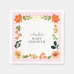 009 Fuchsia Pink Floral Gingham Baby Shower Napkin