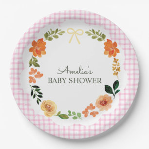 009 Fuchsia Pink Floral Gingham Baby Shower Paper Plate