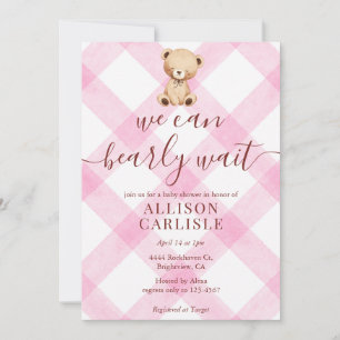 009 Fuchsia Pink Teddy Bear Gingham Baby Shower Invitation