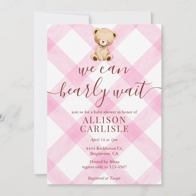 009 Fuchsia Pink Teddy Bear Gingham Baby Shower Invitation (Front)