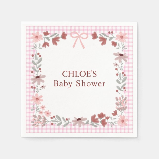 009 Fuchsia Pink Wildflower Bow Gingham Shower Napkin (Front)