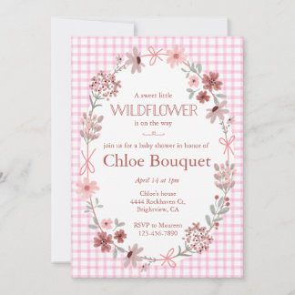 009 Fuchsia Pink Wildflower Gingham Baby Shower Invitation