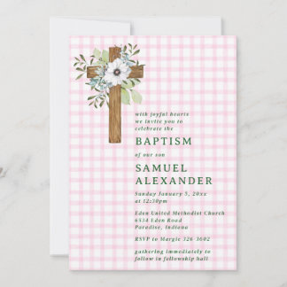 009 Fuchsia Rustic Greenery Wooden Cross Baptism Invitation