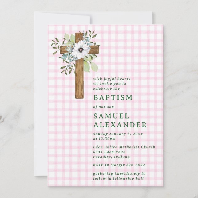 009 Fuchsia Rustic Greenery Wooden Cross Baptism Invitation (Front)