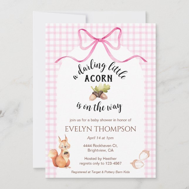 009 Fuchsia Squirrel Acorn Gingham Baby Shower Invitation (Front)