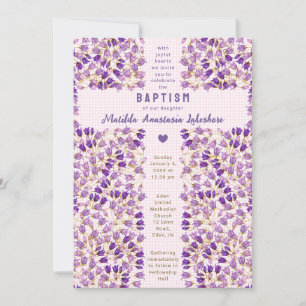 009 Fuchsia Stained Glass Garden Gingham Baptism Invitation