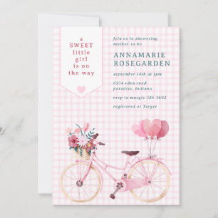 009 Fuchsia Sweet Floral Girl Bike Baby Shower Invitation