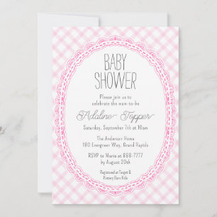 009 Fuchsia Vintage Lace Frame Gingham Baby Shower Invitation