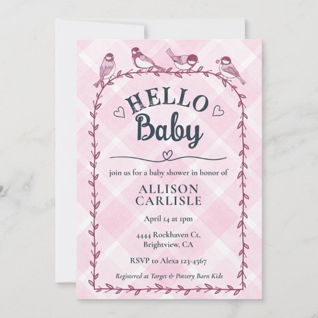 009 Fuchsia Watercolor Gingham Birds Baby Shower Invitation (Front)