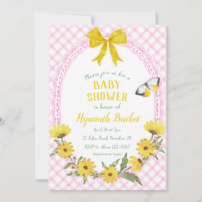 009 Fuchsia Yellow Daisy Bow Gingham Baby Shower Invitation (Front)