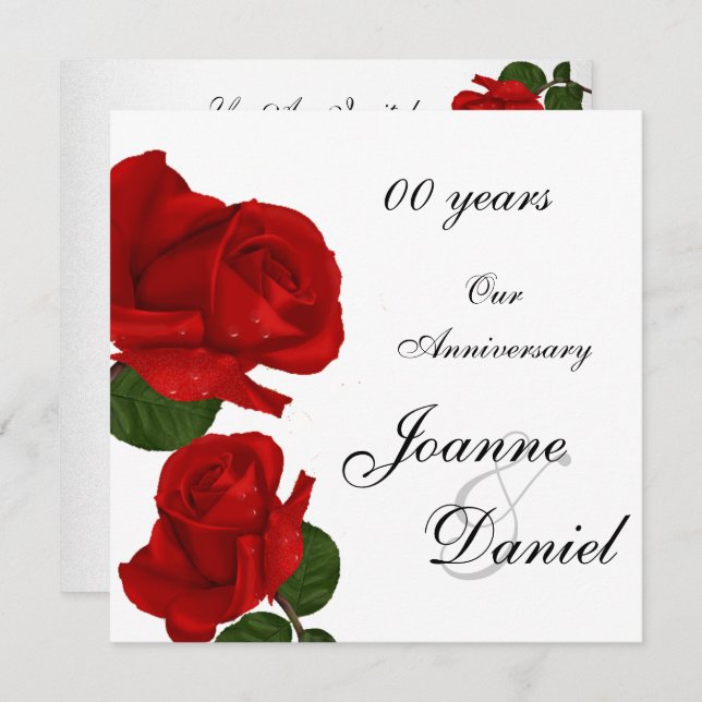 00 Anniversary Invite White Red Rose Flowers (Front/Back)