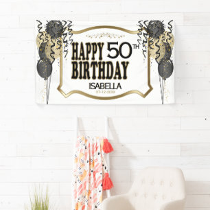00th Birthday Name and Age - Black Balloons Banner