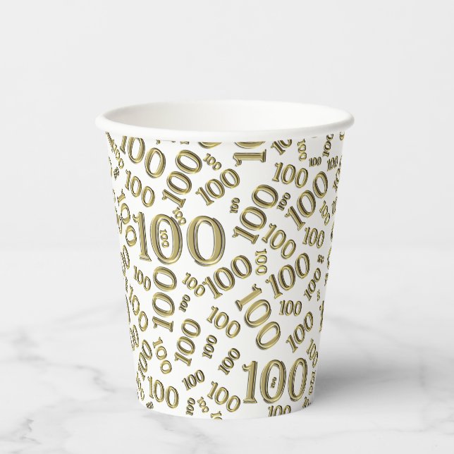 00th Birthday Party Gold/White Number Pattern Paper Cups (Front)