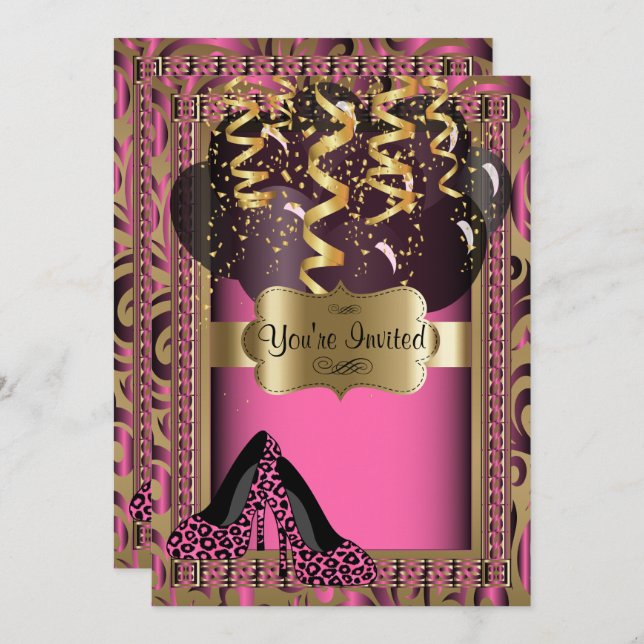 00th Birthday Party | Pink High Heels Leopard Invitation (Front/Back)