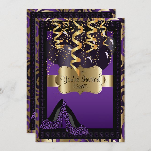 00th Birthday Party | Purple High Heels Leopard Invitation (Front/Back)