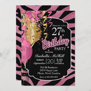 00th BIrthday - Pink & Black Zebra Stripes Invitation