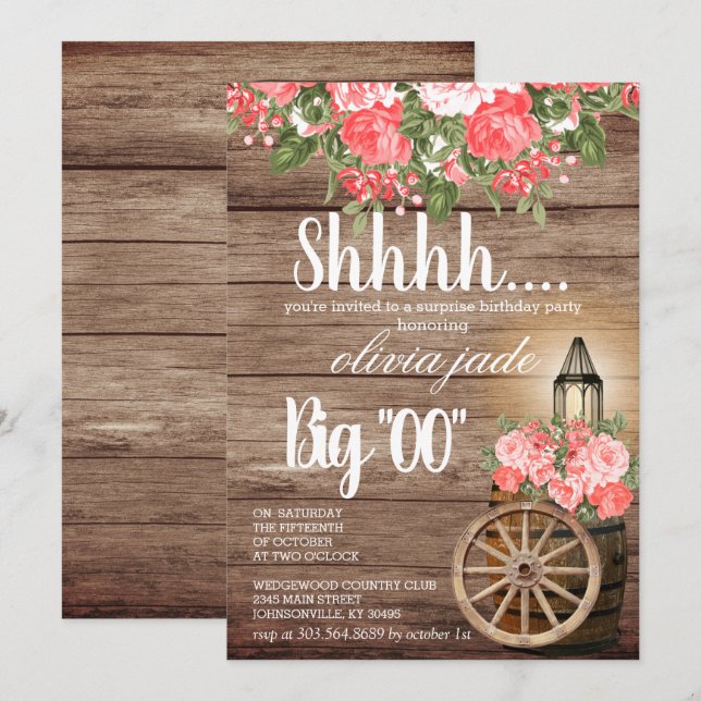 00th Birthday - Wood Barrel and Coral Flowers Invitation (Front/Back)