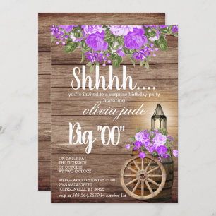 00th Birthday - Wood Barrel and Purple Flowers Invitation