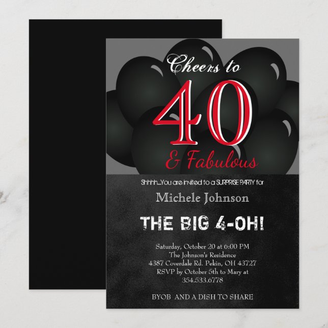 00th Black Balloon Birthday Party Invitation (Front/Back)