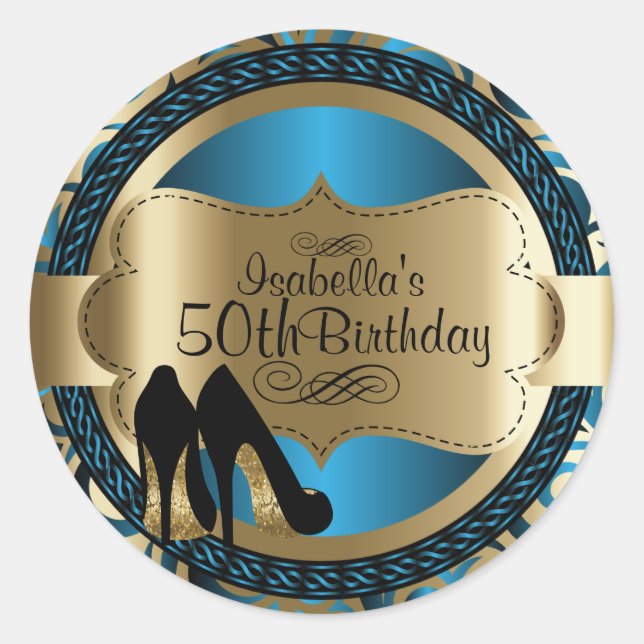 00th Blue Abstract Birthday Black High Heels Classic Round Sticker (Front)