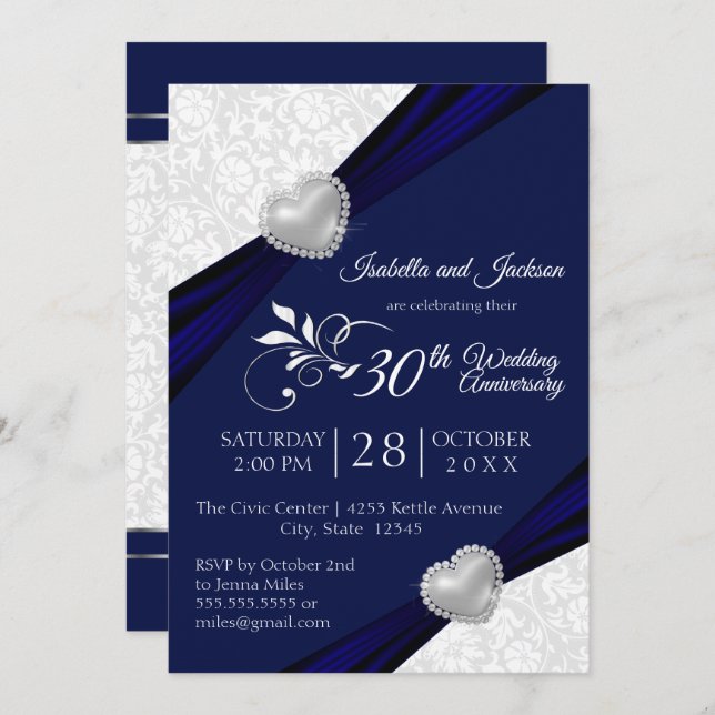 00th Heart Anniversary Design - Navy and White Invitation (Front/Back)