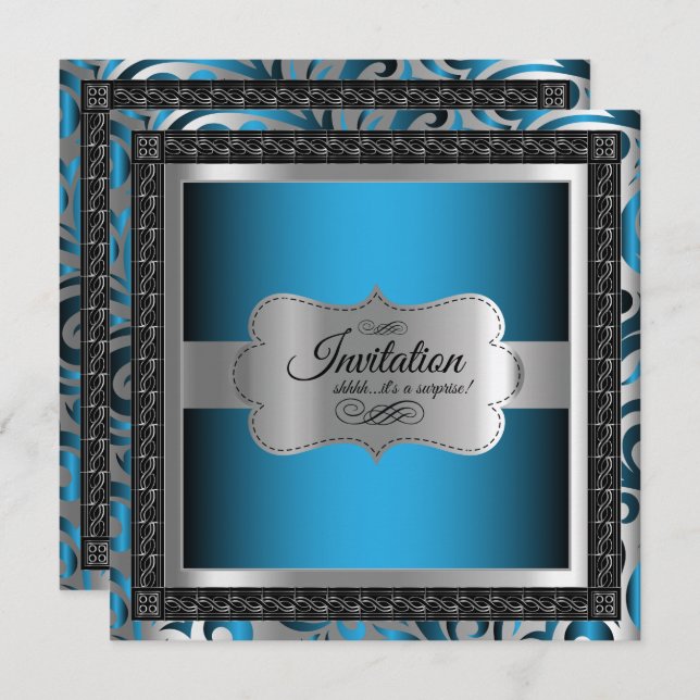 00th Surprise Birthday | Blue Metallic & Silver Invitation (Front/Back)
