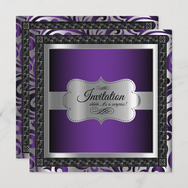 00th Surprise Birthday | Purple Metallic & Silver Invitation (Front/Back)