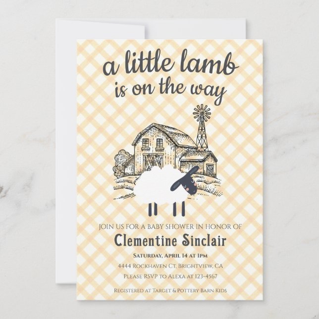010 Amber A Little Lamb Farm Gingham Baby Shower Invitation (Front)