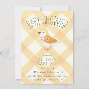 010 Amber Cute Floral Bird Gingham Baby Shower Invitation