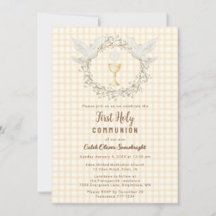 010 Amber Dove & Chalice Gingham 1st Communion Invitation