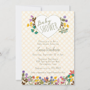 010 Amber Gingham Garden Heart Floral Baby Shower Invitation