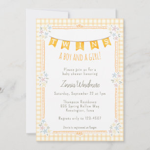 010 Amber Orange Gingham Floral Twins Baby Shower Invitation