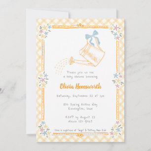 010 Amber Orange Gingham Watering Can Baby Shower Invitation
