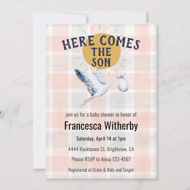 011 Terracotta 020 Fog Sun Plaid Stork Baby Shower Invitation (Front)