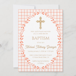 011 Terracotta Botanical Vine Ornate Cross Baptism Invitation