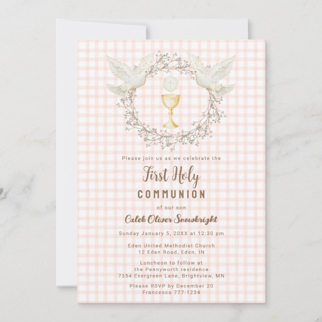 011 Terracotta Chalice Gingham 1st Communion Invitation (Front)