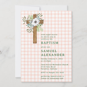 011 Terracotta Greenery Wooden Cross Baptism Invitation