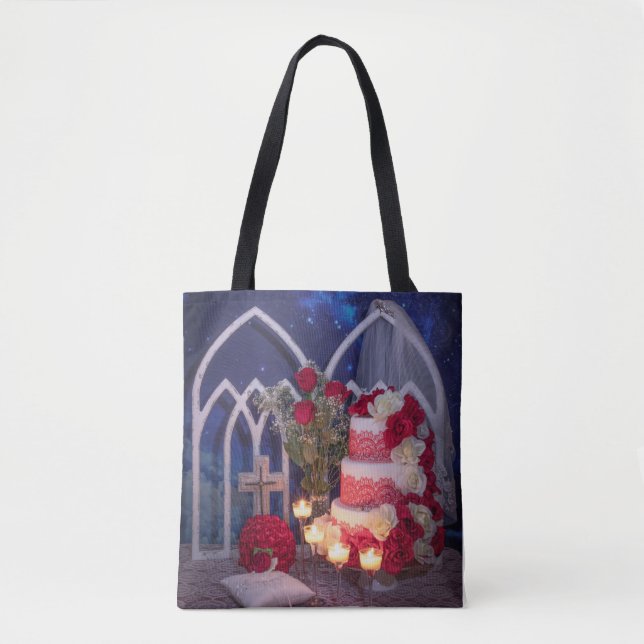 0128-Wedding Cake with Candles, Veil, Bouquet Tote Bag (Front)