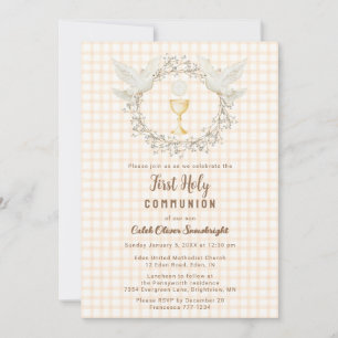 012 Copper Dove & Chalice Gingham 1st Communion Invitation