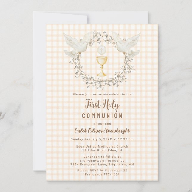 012 Copper Dove & Chalice Gingham 1st Communion Invitation (Front)