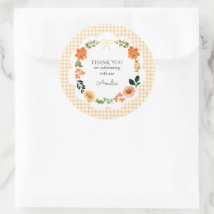 012 Copper Floral Gingham Baby Shower Classic Round Sticker