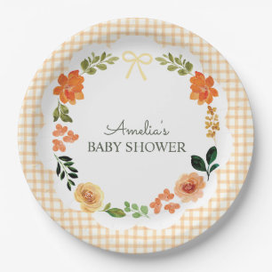 012 Copper Floral Gingham Baby Shower Paper Plate