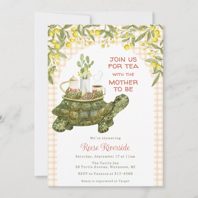 012 Copper Orange Garden Tea Turtle Baby Shower Invitation (Front)