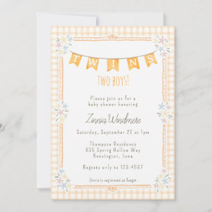 012 Copper Orange Gingham Floral Twins Baby Shower Invitation