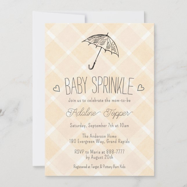 012 Copper Plaid Umbrella Baby Sprinkle Shower Invitation (Front)