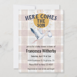 013 Chocolate 020 Fog Sun Plaid Stork Baby Shower Invitation
